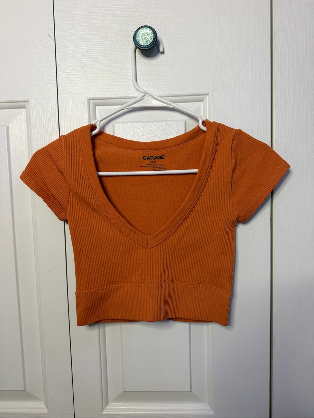 Garage Short-Sleeve Deep V Ribbed Crop Top - Orange